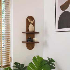 Modern arched wood shelf for boho home decor with plants and books" "Mid-century floating rainbow shelves in walnut finish for wall decoration