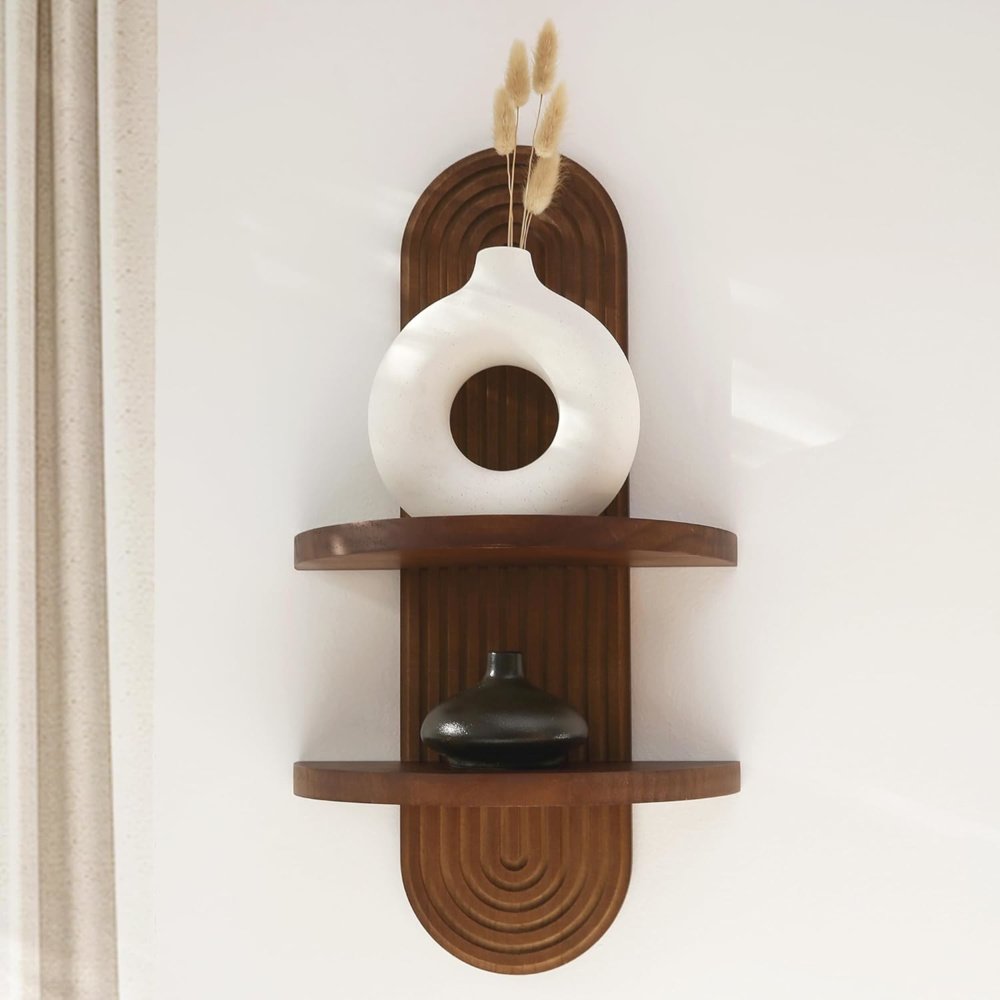 Zento Stores - Modern Wall Shelf with Arched Wood Design Mid-Century Double Floating Rainbow Shelves for Indoor Decoration Holding Planter Ornaments, 22 x 11.6 Inch - SF-842 (4) Modern arched wood shelf for boho home decor with plants and books" "Mid-century floating rainbow shelves in walnut finish for wall decoration