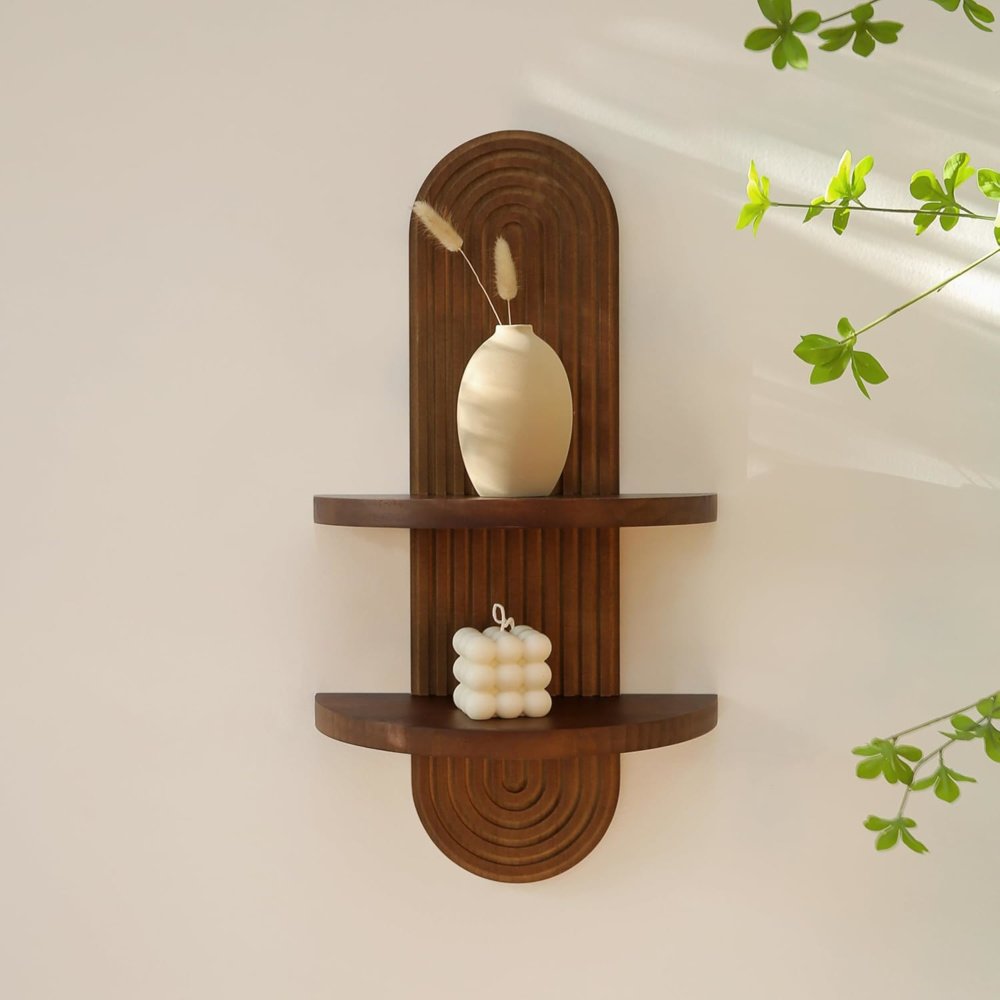 Zento Stores - Modern Wall Shelf with Arched Wood Design Mid-Century Double Floating Rainbow Shelves for Indoor Decoration Holding Planter Ornaments, 22 x 11.6 Inch - SF-842 (7) Modern arched wood shelf for boho home decor with plants and books" "Mid-century floating rainbow shelves in walnut finish for wall decoration