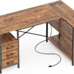 L-Shaped Office Desk with Power Outlets & Drawers