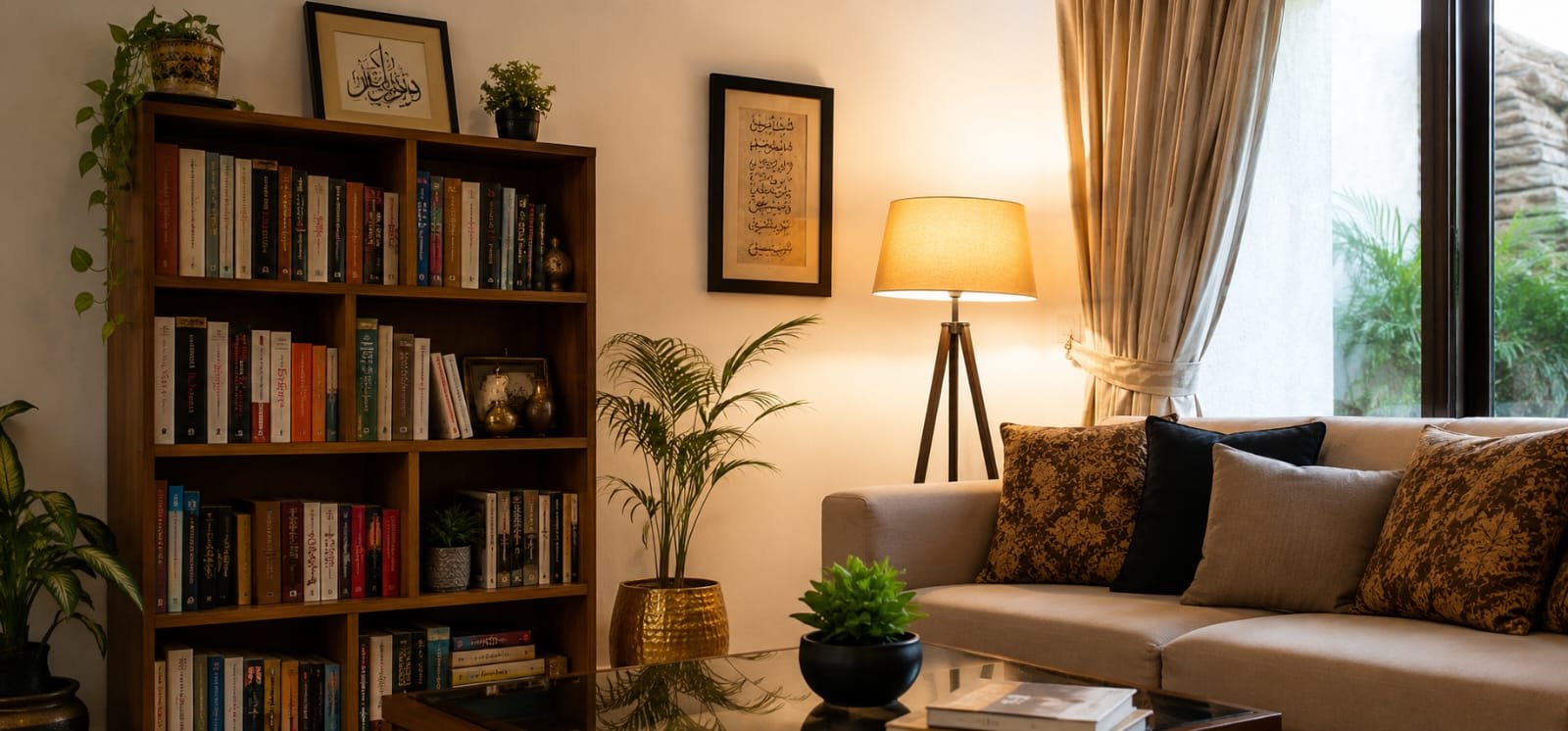 Wooden book rack styled in a modern Pakistani living room corner