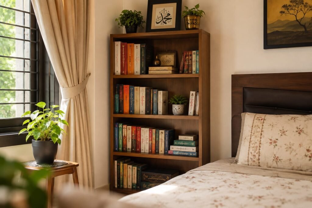 Wooden corner book rack filled with books in a small bedroom