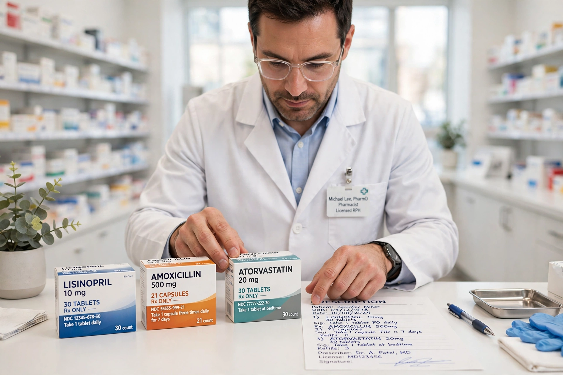 Pharmacist verifying medicines